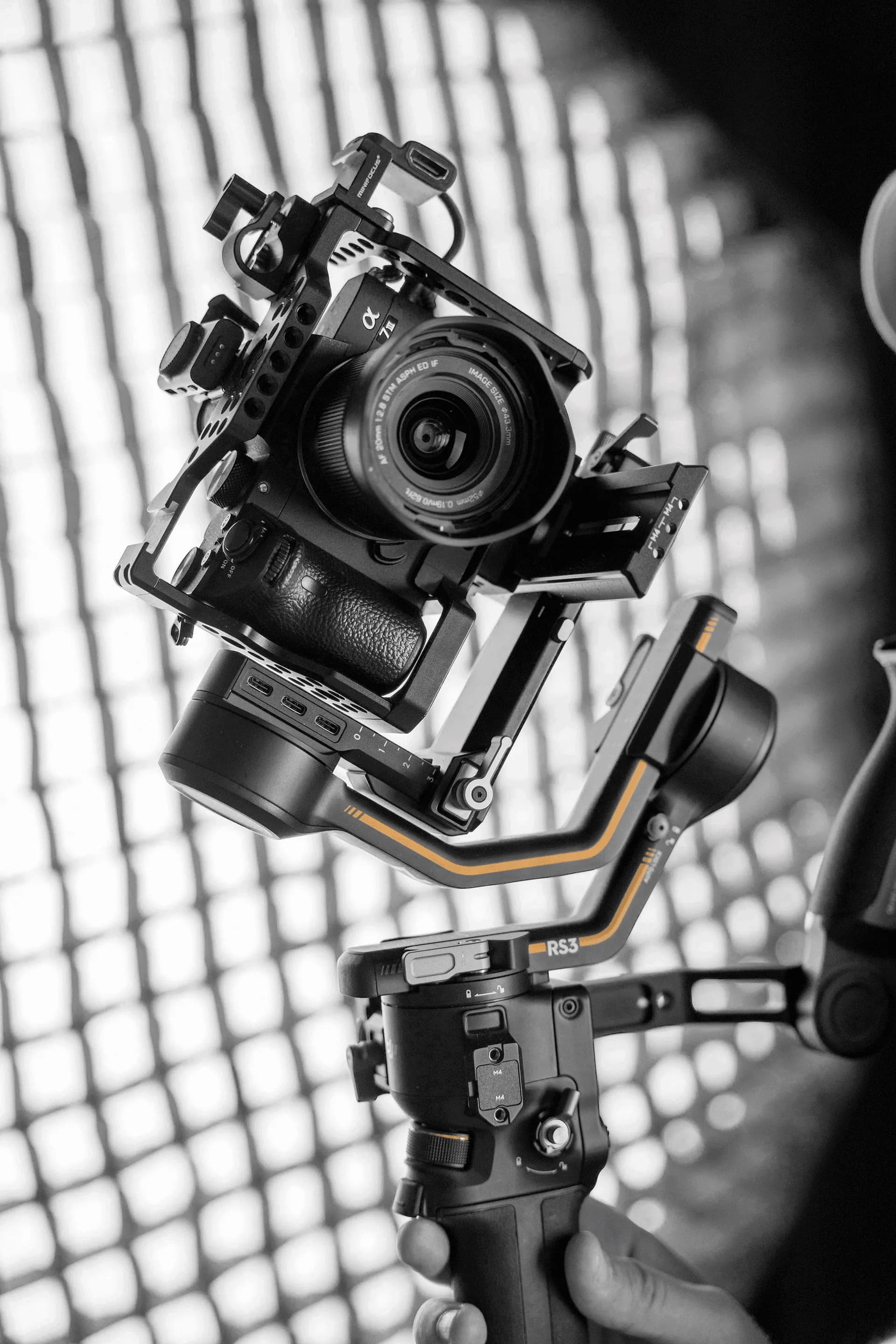 A cinema camera rig on a gimbal