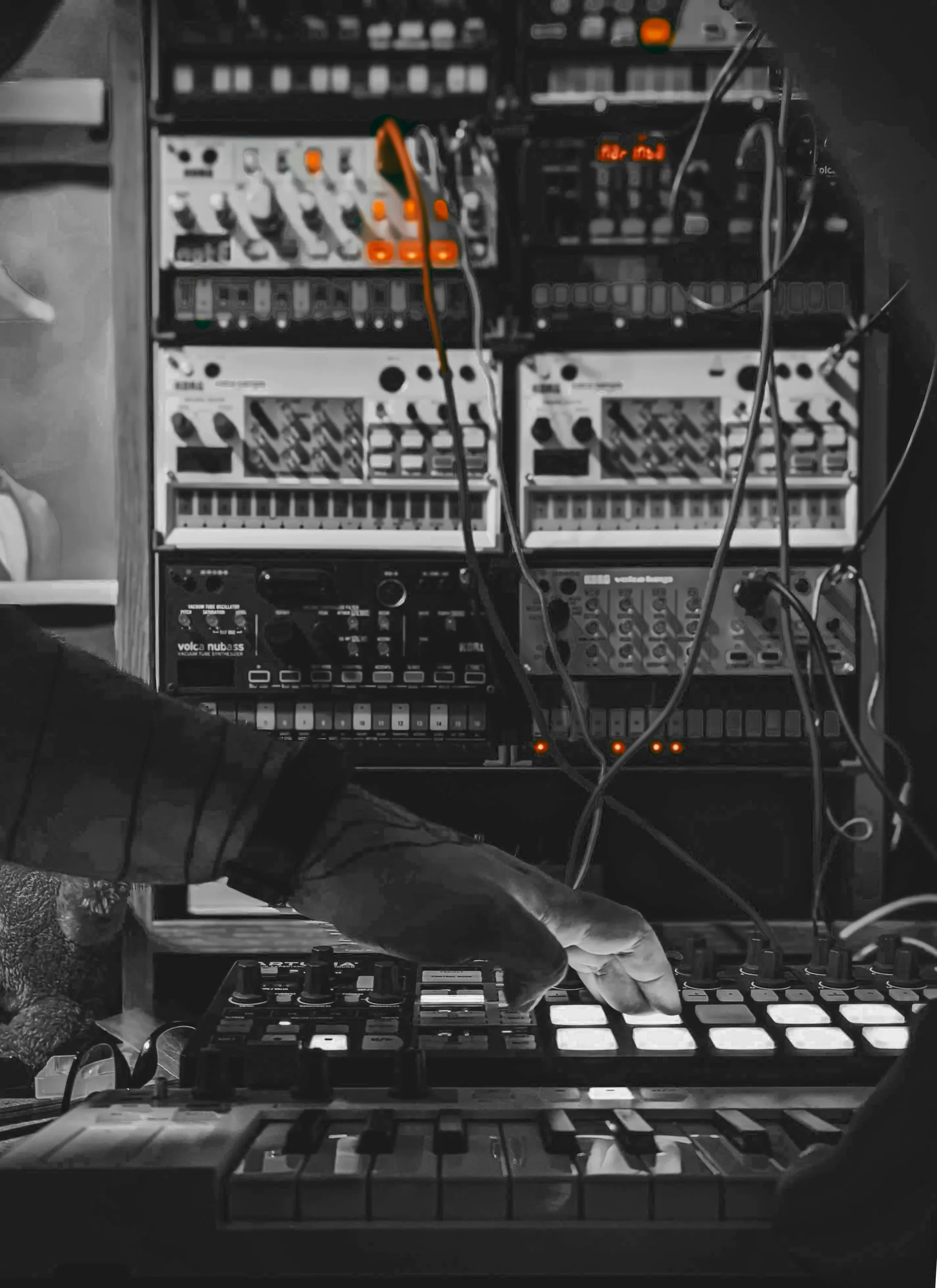 A rack of analogue audio synthesisers