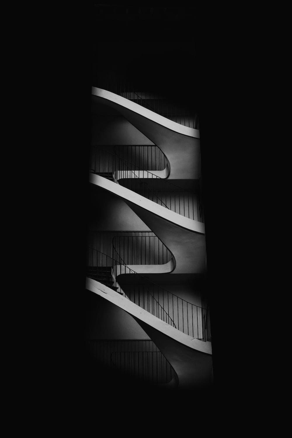 Sweeping modernist staircase, shot in black and white