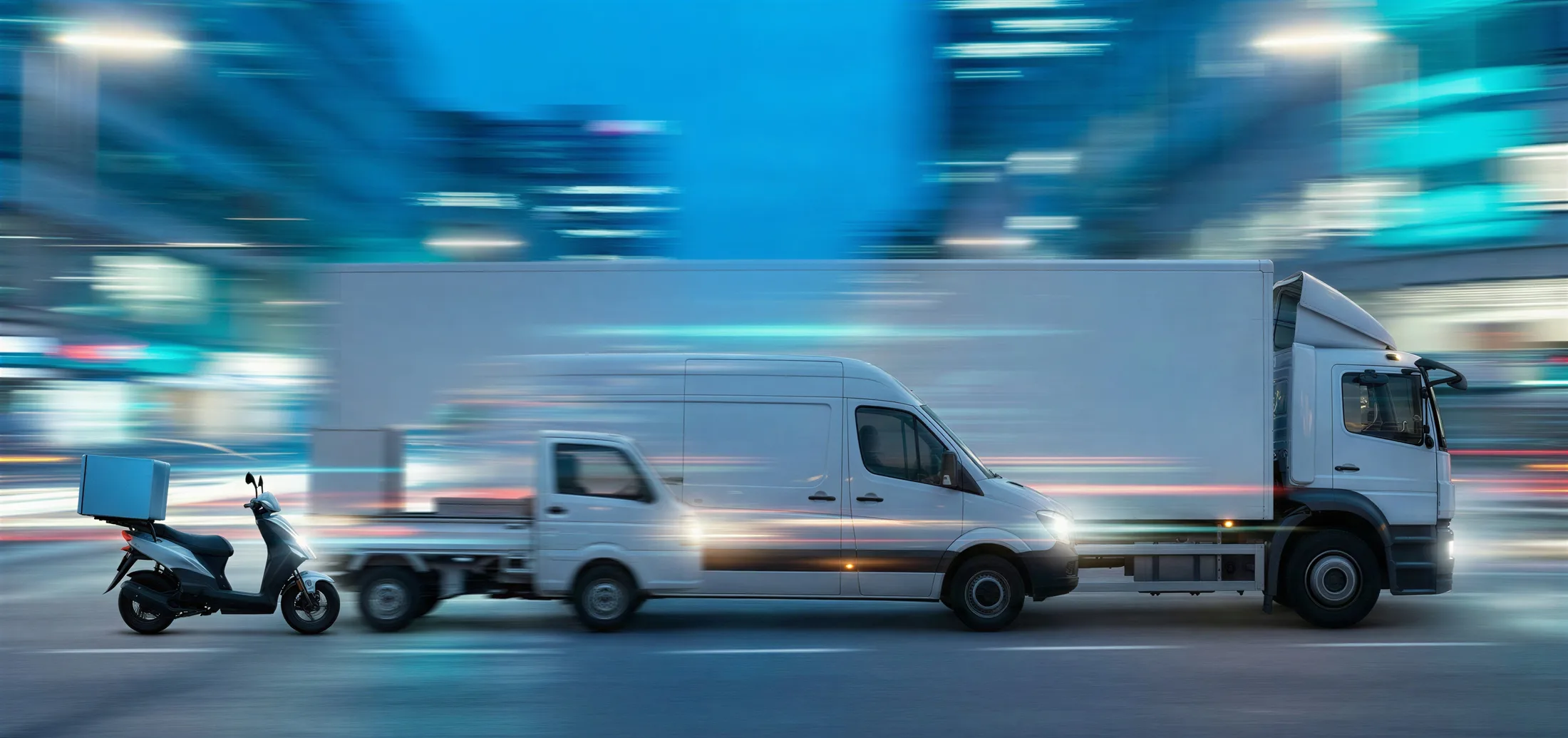 A scooter, bakkie, van and truck in motion