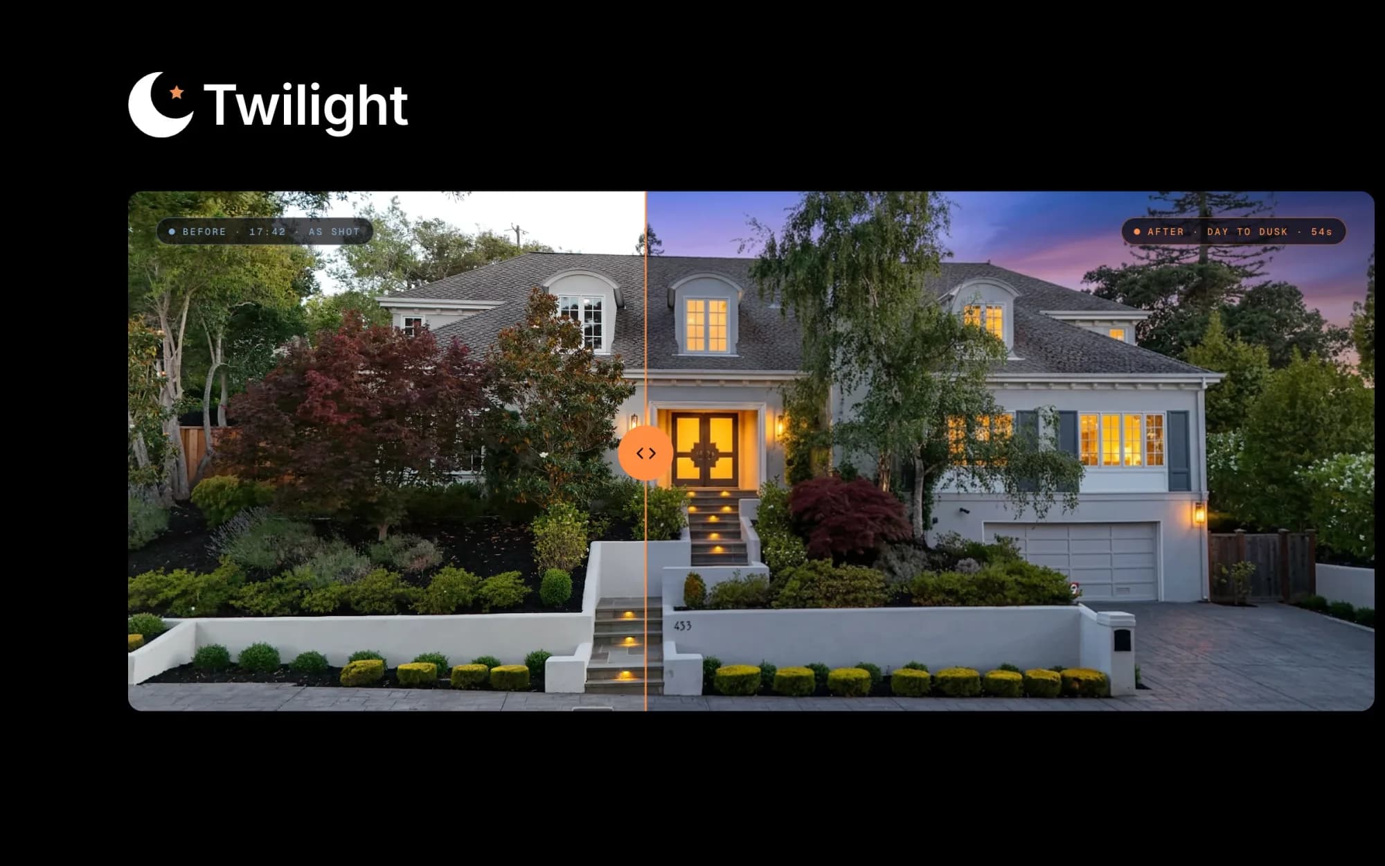 The same house shown as shot and converted to dusk, split by Twilight’s before/after slider
